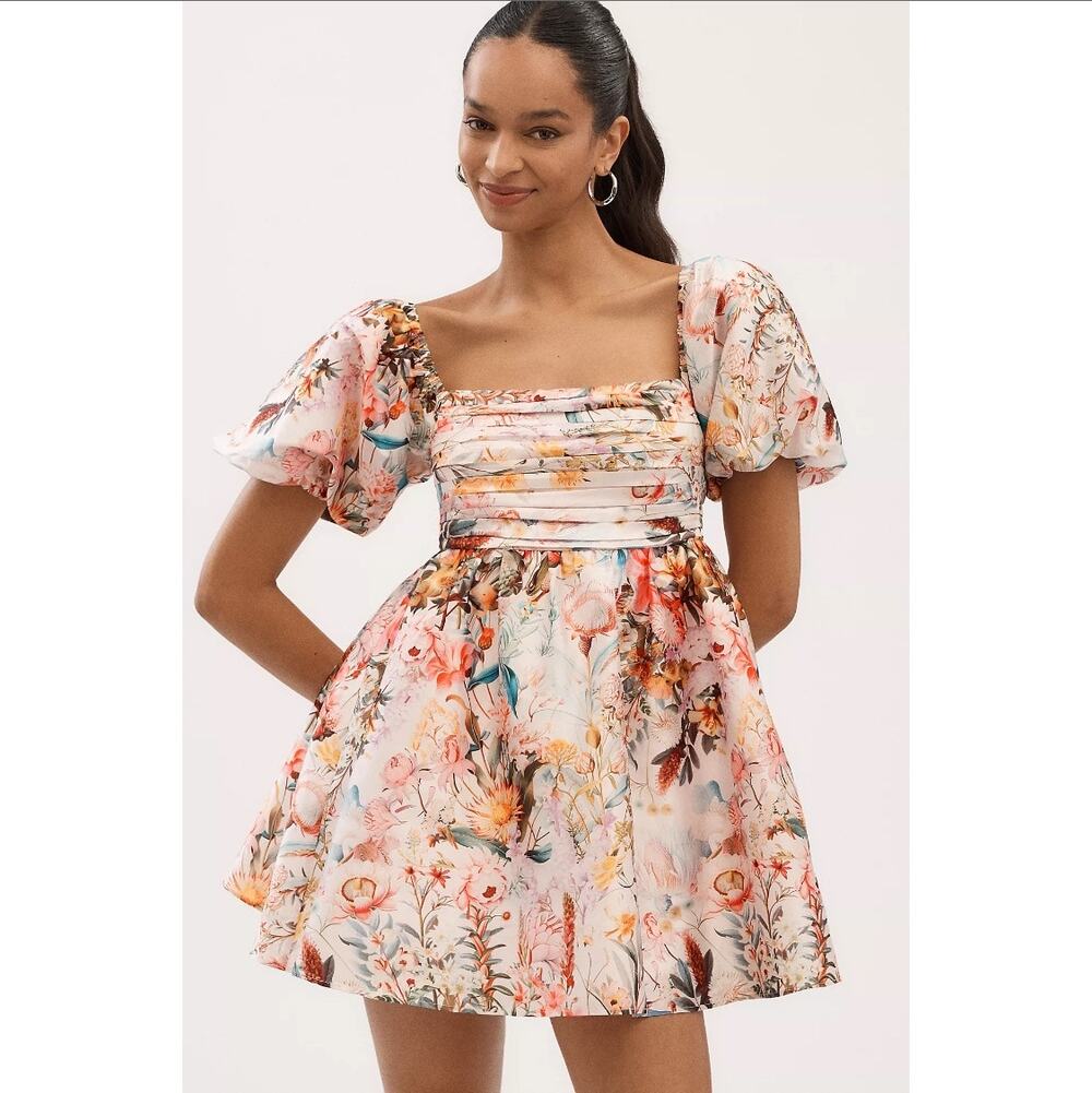 NWT BHLDN Anthropologie Nina Puff-Sleeve Square-Neck Taffeta Mini Dress Size XL